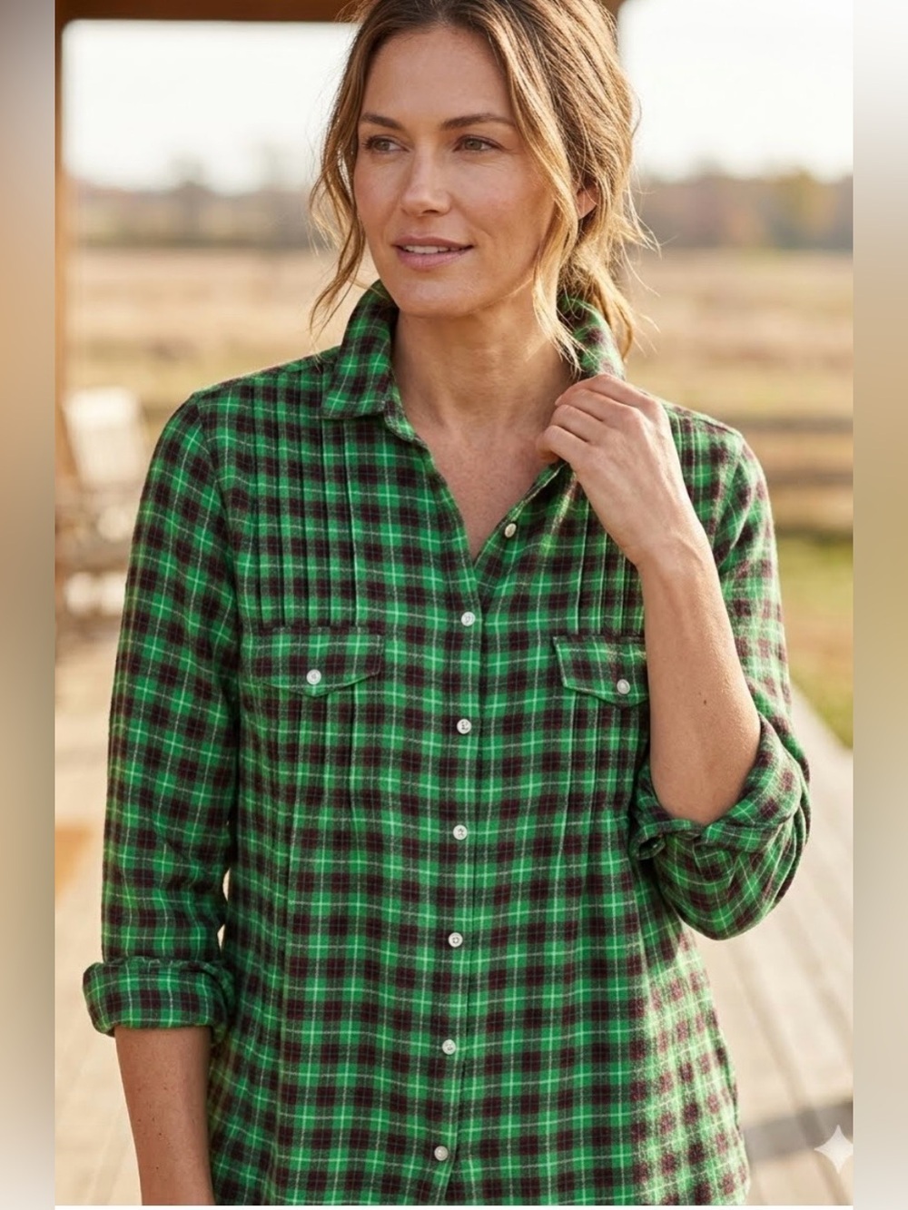 Sundance Green and Red Plaid Pin-tuck Shirt Size M